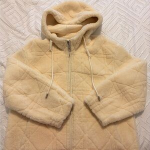 Hooded Leather interior Shearling Jacket in Cream - Cozy Zipper Coat